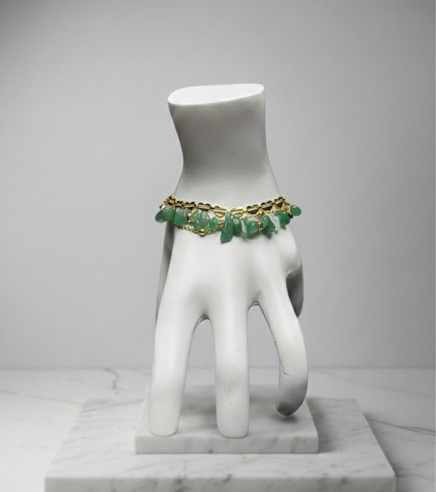 Zümrüt Yeşili Aventurin Doğal Taşlı Çelik Bileklik - Gold Zincir Detaylı