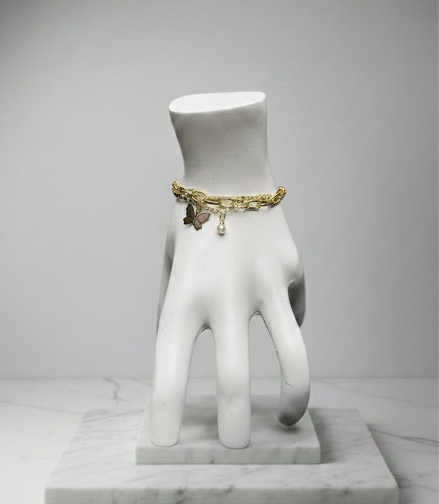 Modern Romantik: Çelik Kelebek ve İnci Sarkıntılı İkili Zincir Bileklik