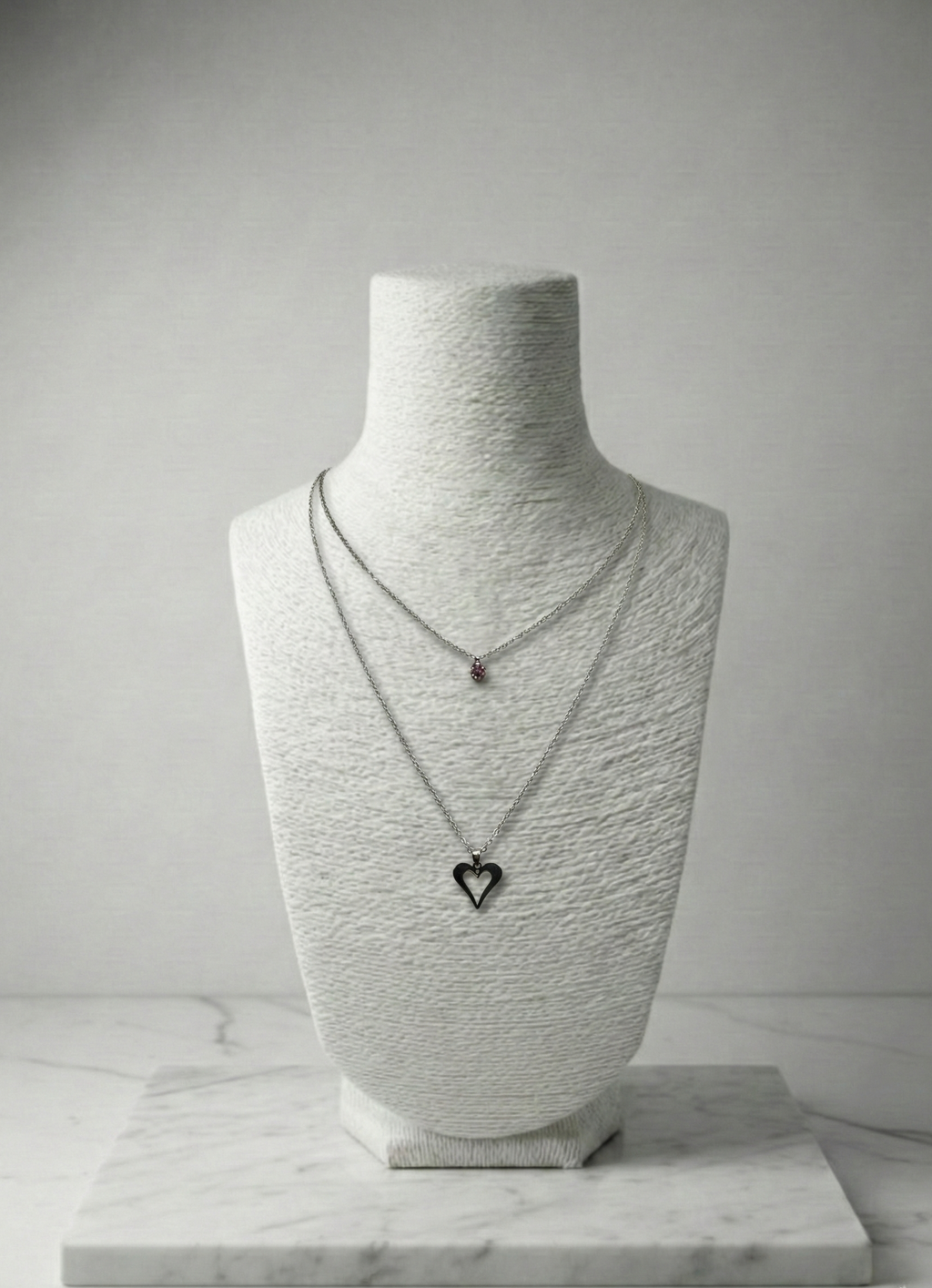 İkili Gümüş Rengi Kalp ve Pembe Taşlı Minimal Kolye