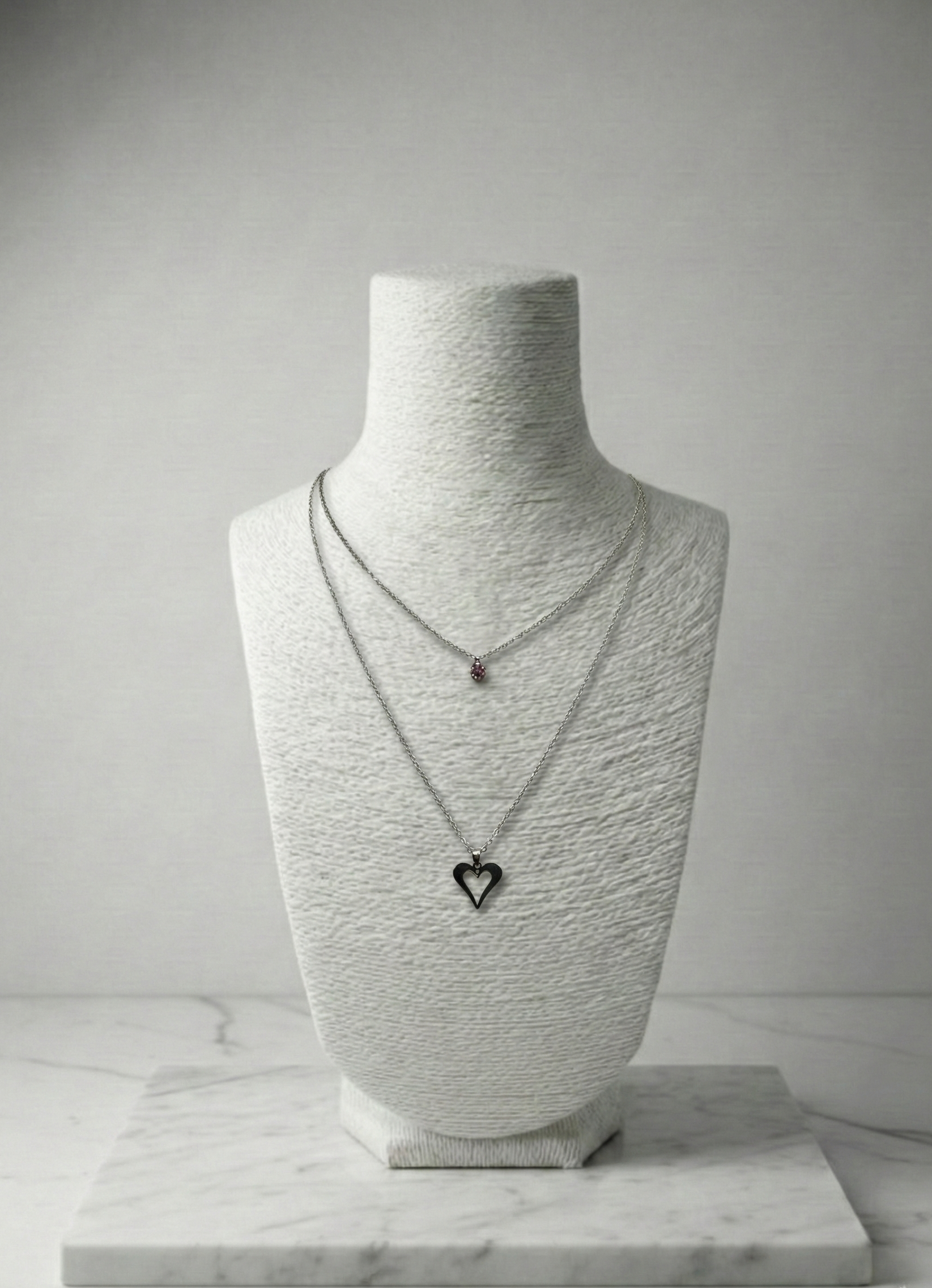 İkili Gümüş Rengi Kalp ve Pembe Taşlı Minimal Kolye