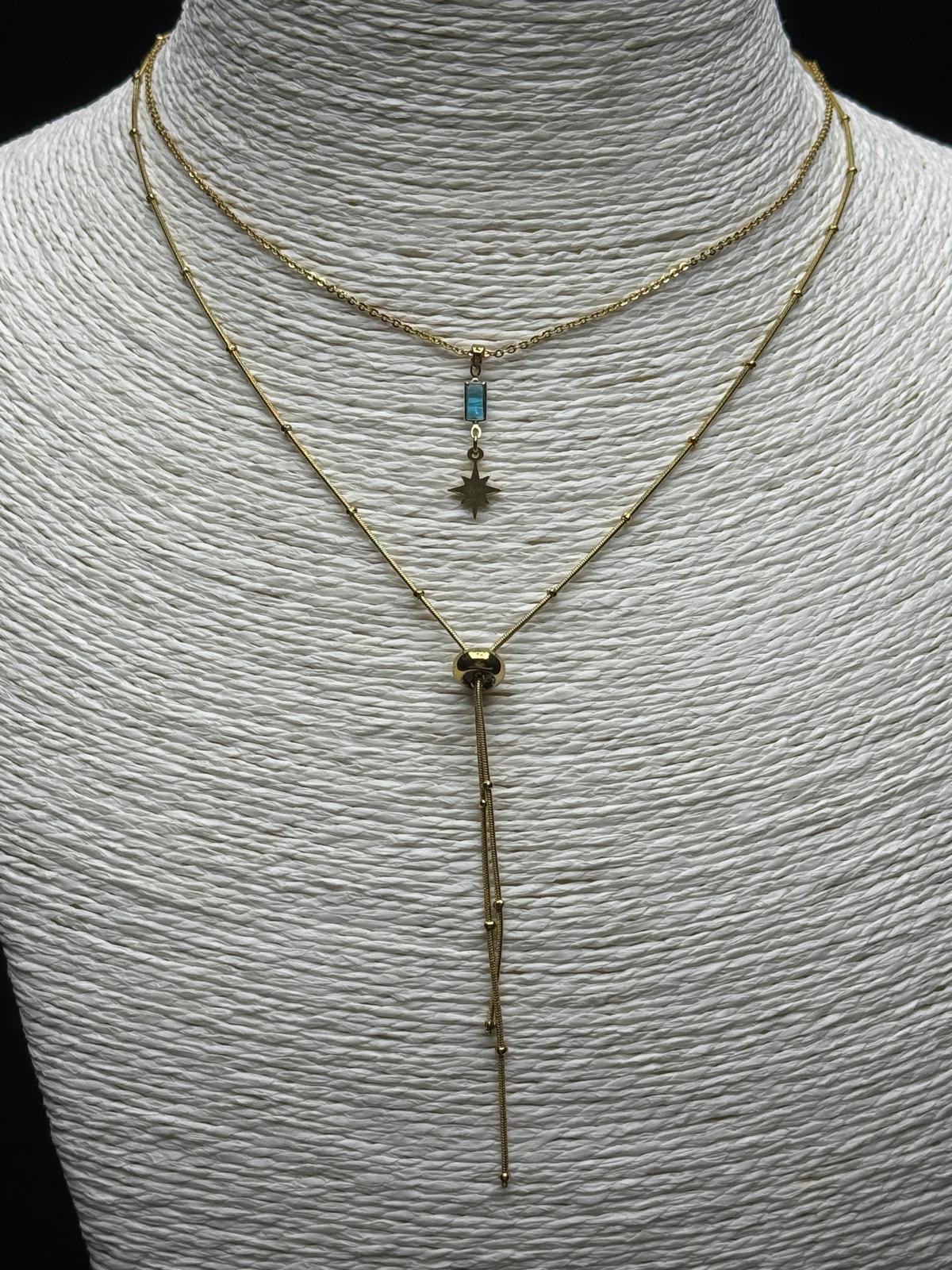 Bohem ve Modern Stil: Firuze Taşlı ve Yıldız Detaylı Katmanlı Altın Rengi Kolye