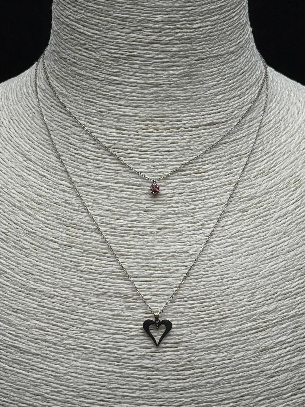 İkili Gümüş Rengi Kalp ve Pembe Taşlı Minimal Kolye