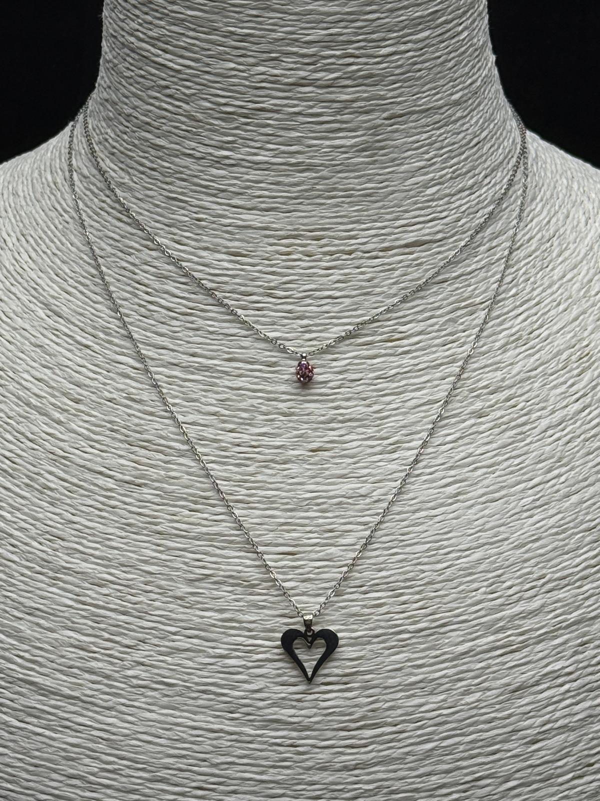 İkili Gümüş Rengi Kalp ve Pembe Taşlı Minimal Kolye