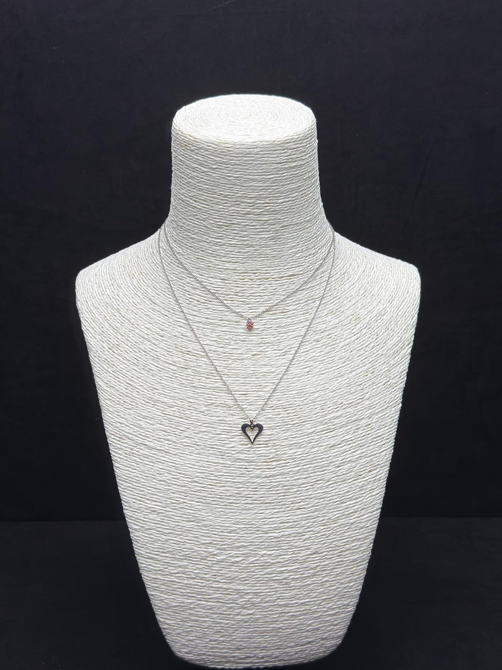 İkili Gümüş Rengi Kalp ve Pembe Taşlı Minimal Kolye