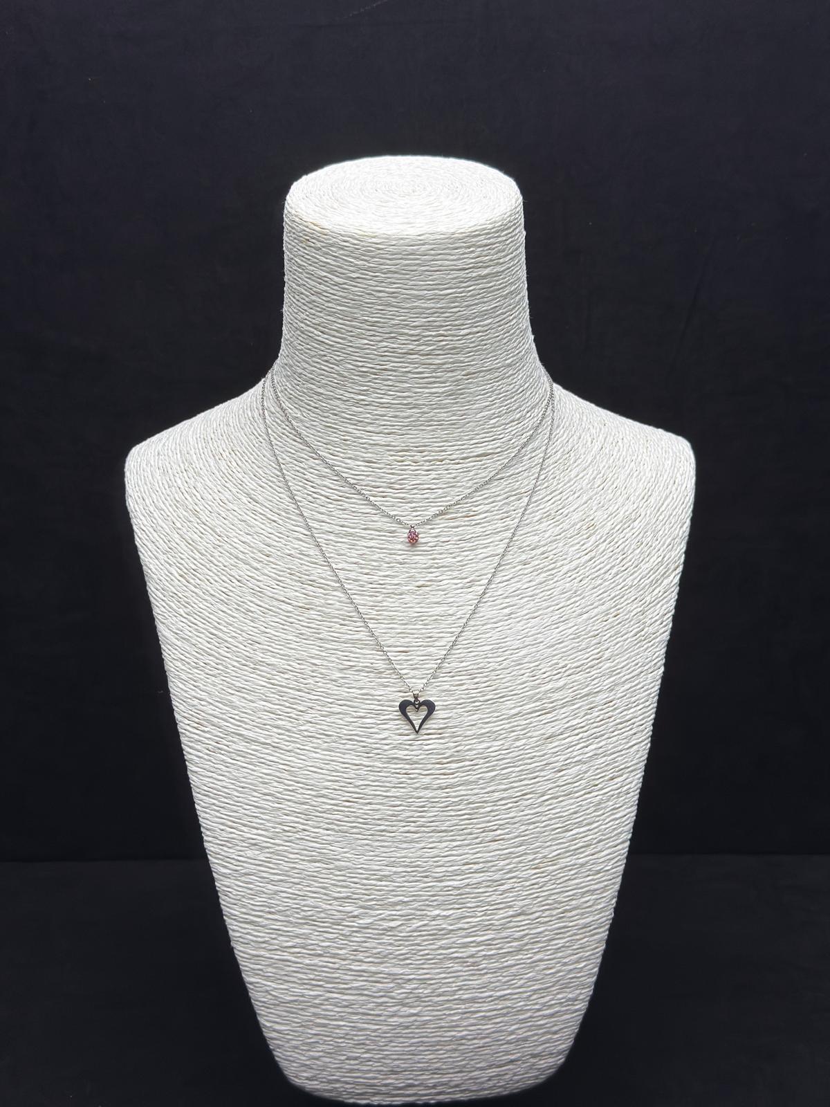İkili Gümüş Rengi Kalp ve Pembe Taşlı Minimal Kolye