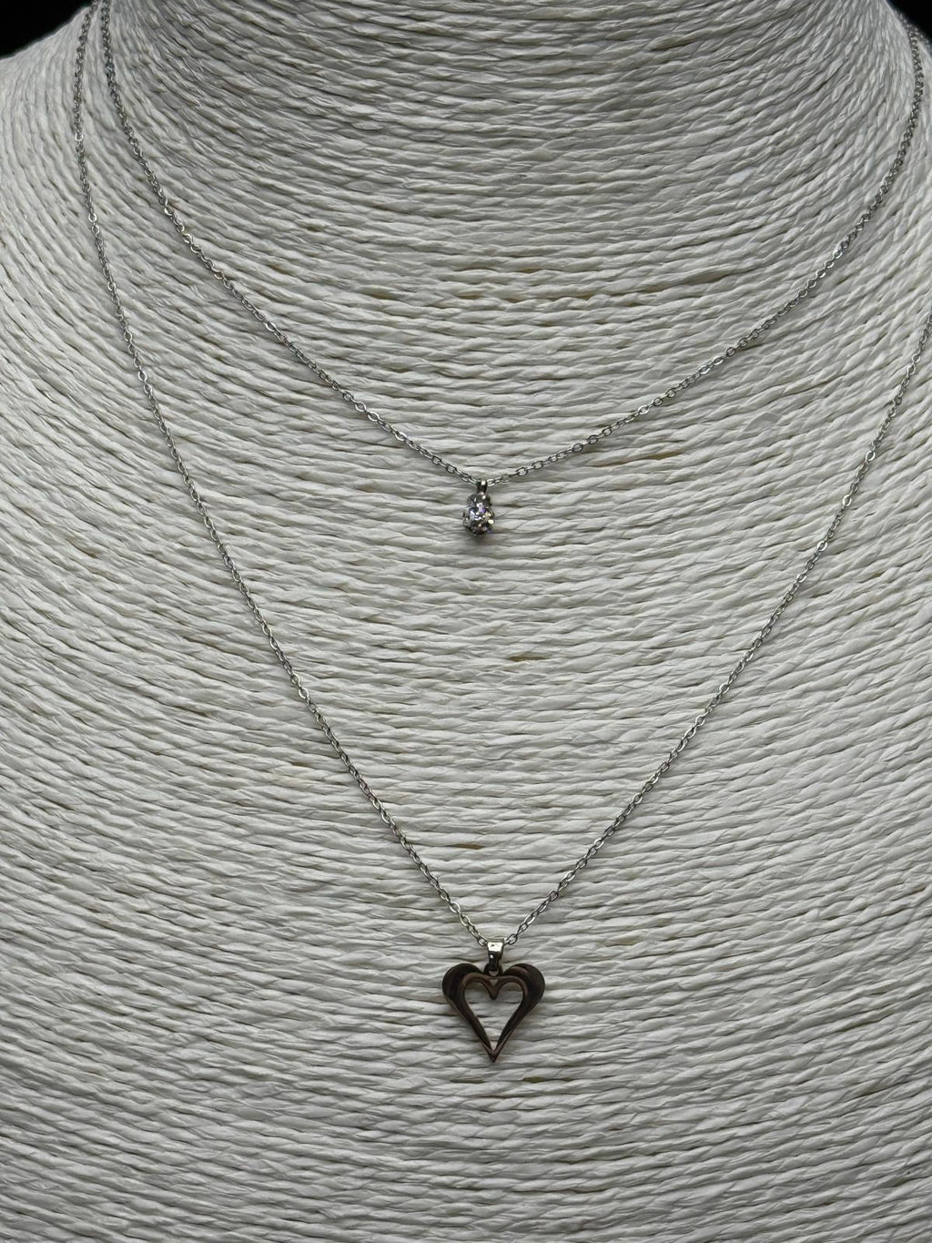 İkili Gümüş Rengi Kalp ve Gümüş Taşlı Minimal Kolye