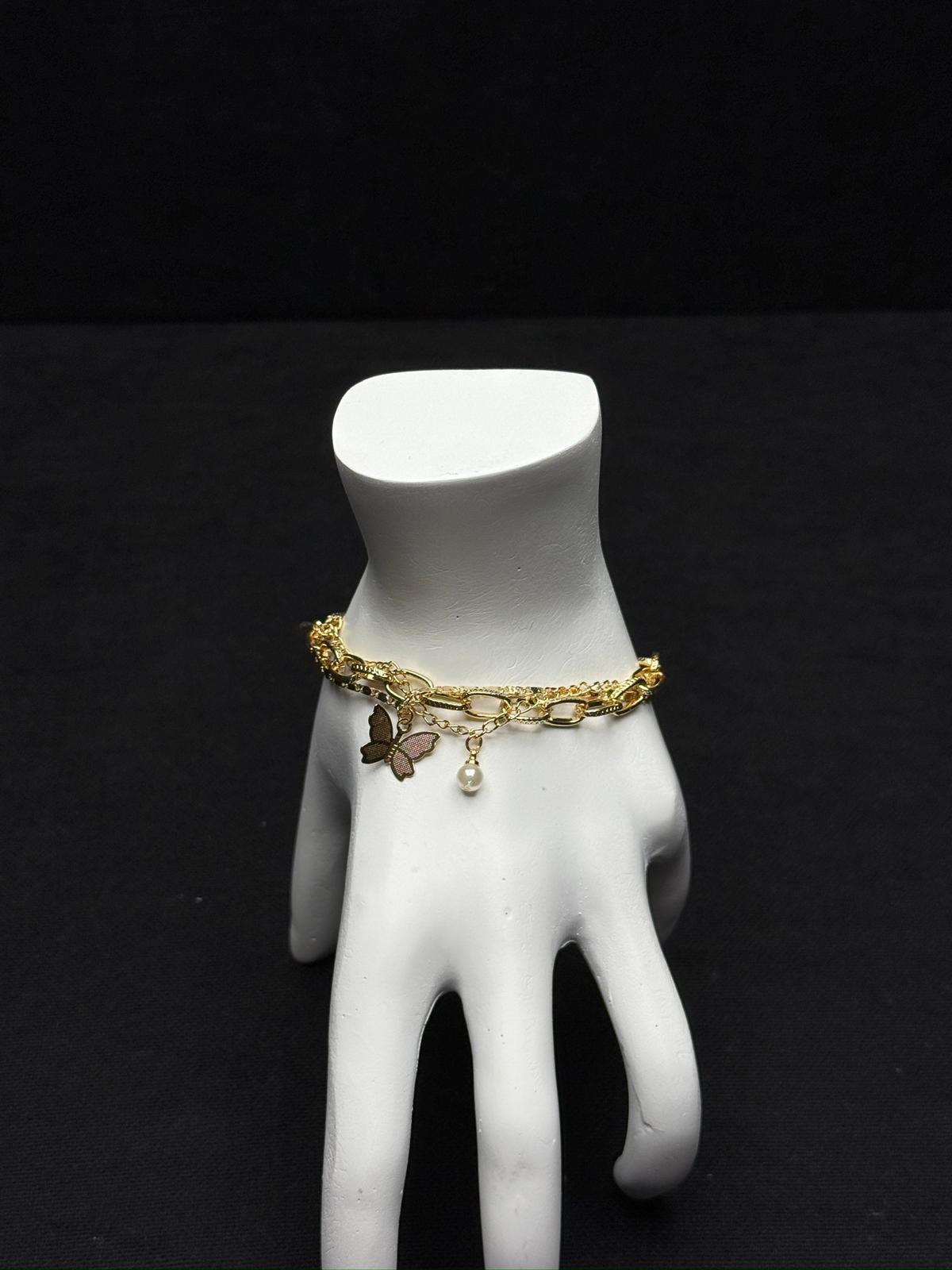 Modern Romantik: Çelik Kelebek ve İnci Sarkıntılı İkili Zincir Bileklik