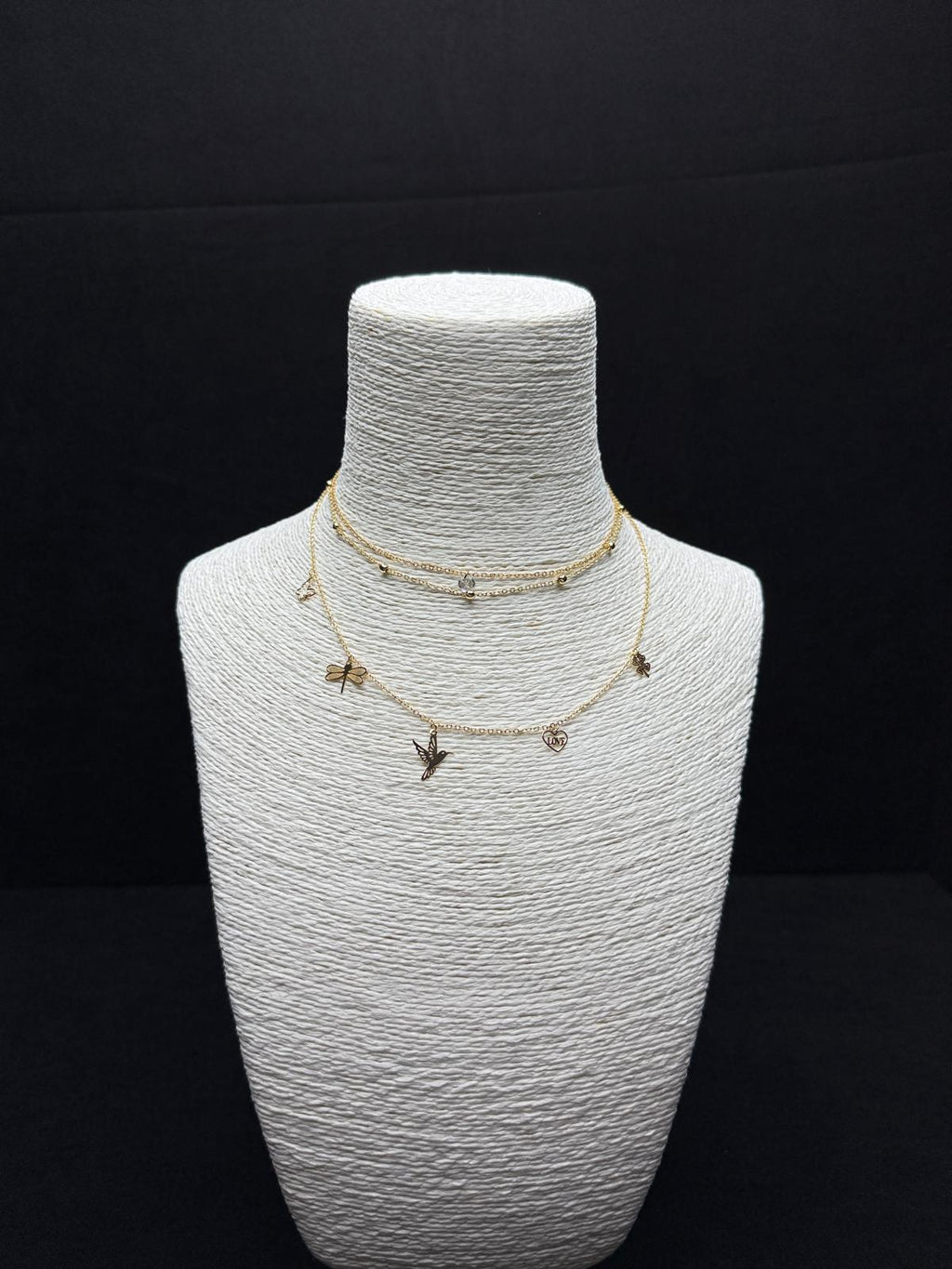 Hayatın Simgeleri: 3 Sıralı Çelik Charm'lı (Yusufçuk, Kuş, Yonca) Katmanlı Kolye