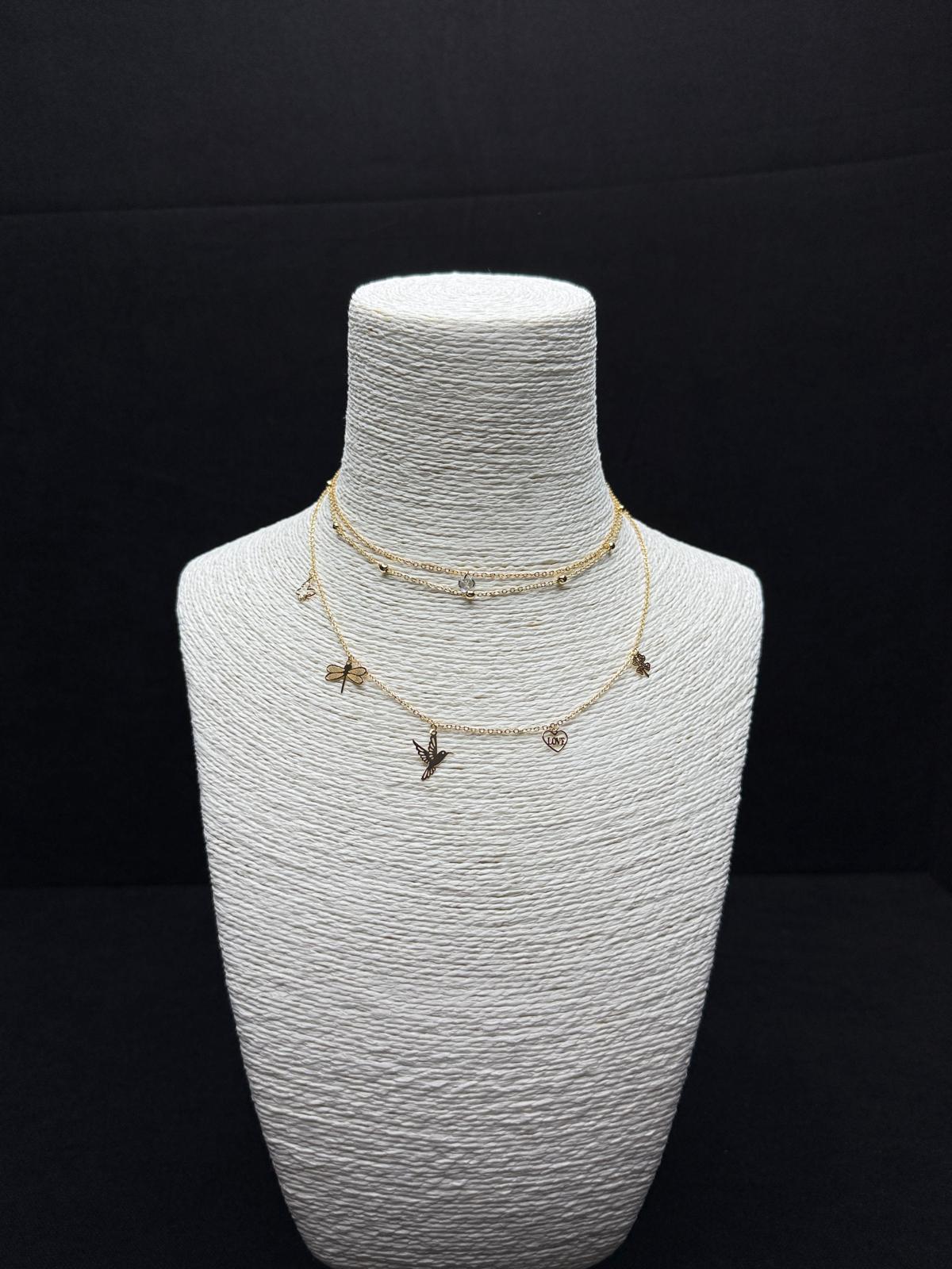 Hayatın Simgeleri: 3 Sıralı Çelik Charm'lı (Yusufçuk, Kuş, Yonca) Katmanlı Kolye