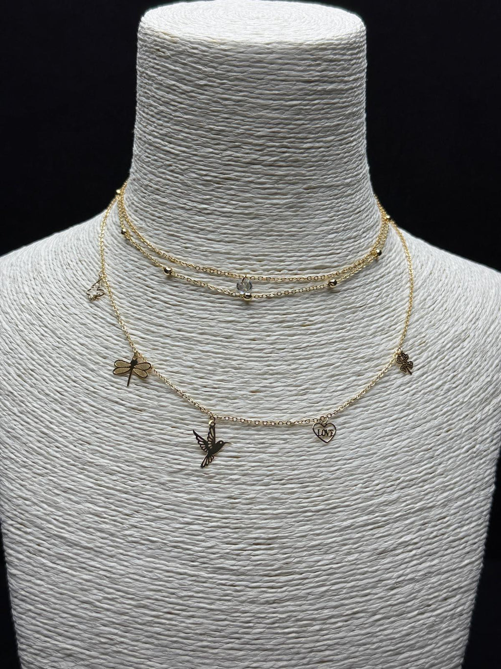 Hayatın Simgeleri: 3 Sıralı Çelik Charm'lı (Yusufçuk, Kuş, Yonca) Katmanlı Kolye