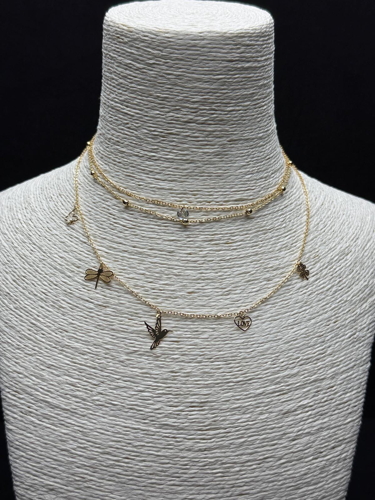 Hayatın Simgeleri: 3 Sıralı Çelik Charm'lı (Yusufçuk, Kuş, Yonca) Katmanlı Kolye