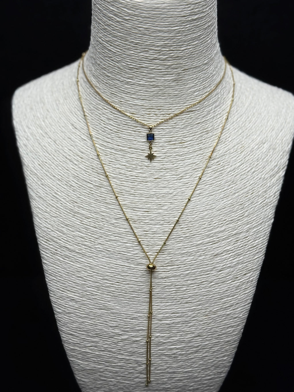 Mavi Baget Taşlı ve Kutup Yıldızı Uçlu Altın Rengi İkili Kolye