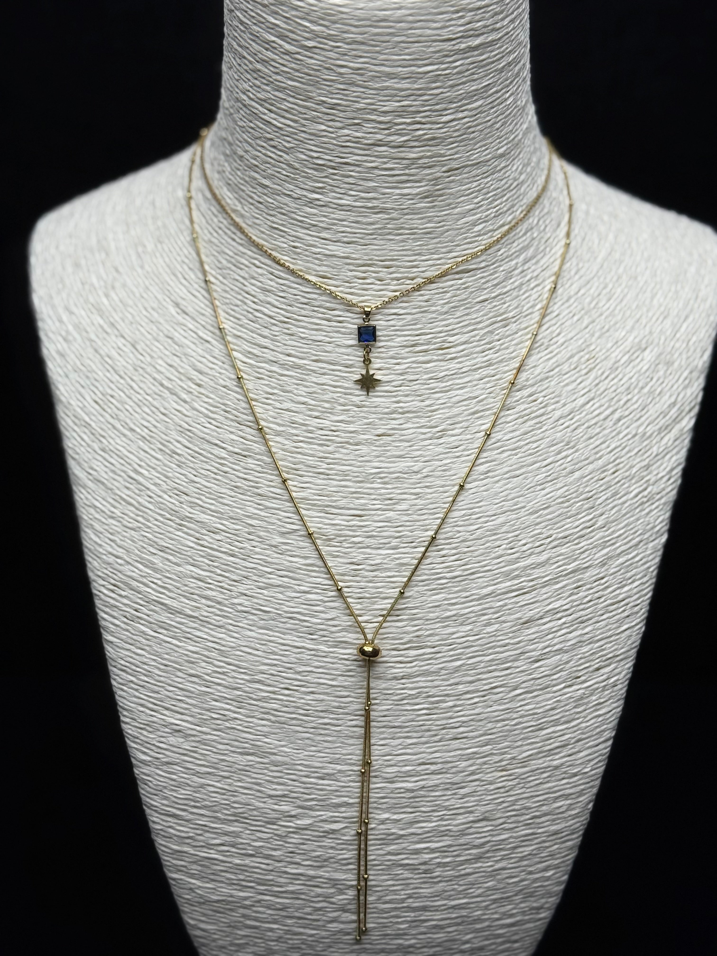 Mavi Baget Taşlı ve Kutup Yıldızı Uçlu Altın Rengi İkili Kolye